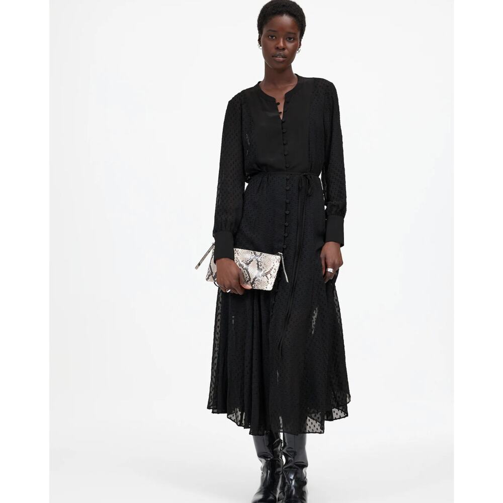 NWT Madewell Tie-Waist Midi Dress in Clip Dot In Black Size XS